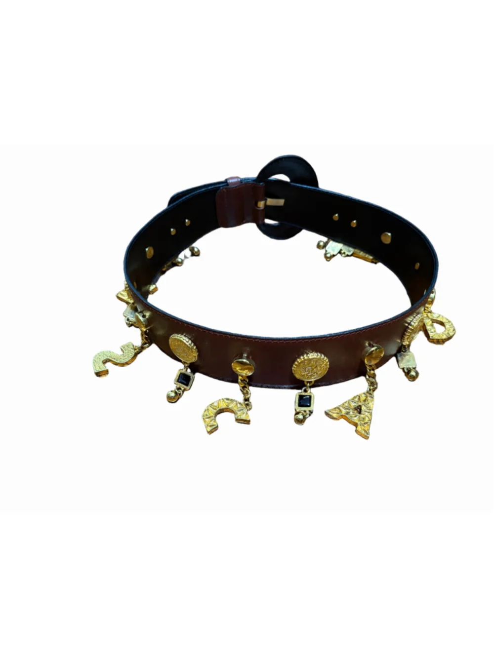 Vintage Escada Brown Leather Belt Gold Letter Charms Buckle Sz 36 Germany